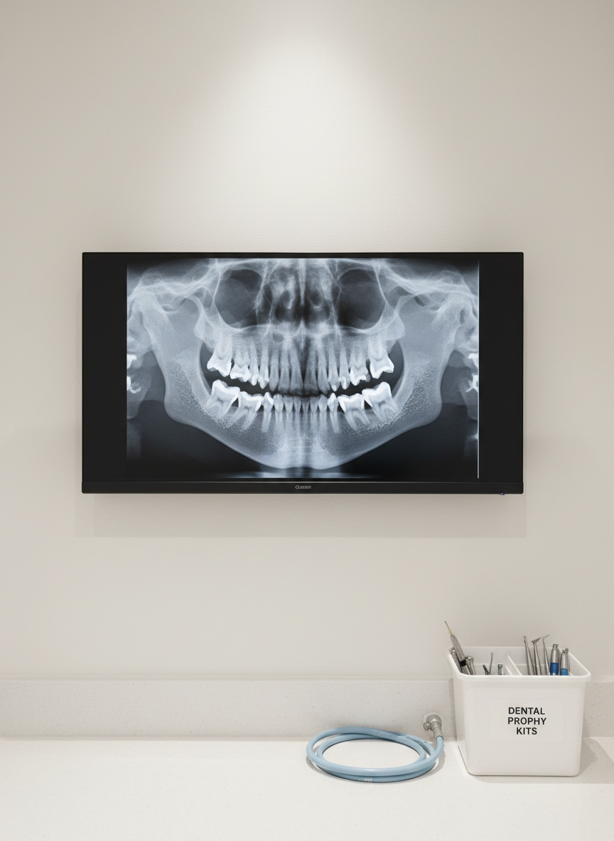 A highly detailed photographic close-up of a digital veterinary dental X-ray image displayed on a slim, matte-black monitor mounted on a clean white clinic wall. The X-ray shows the skull and teeth of a dog in crisp grayscale, with clearly visible roots and jaw structure. Below the monitor sits a minimalist white counter with a neatly coiled dental hose and a labeled container of dental supplies. Neutral, diffused ceiling lighting reduces glare on the screen, enhancing clarity. Shot straight-on with sharp focus, the composition is symmetrical and clean, creating a modern, professional atmosphere that highlights advanced diagnostic technology in veterinary dentistry.