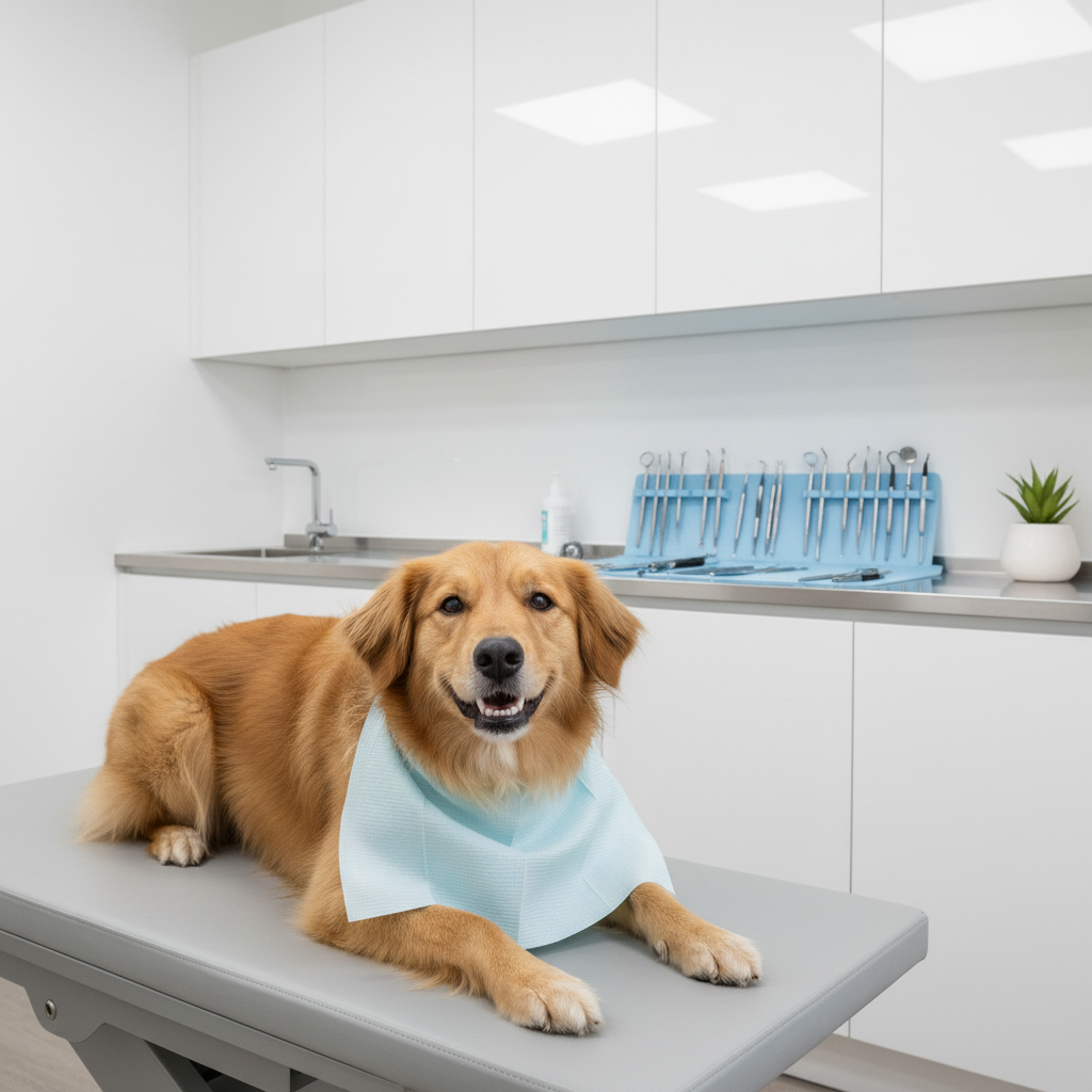 A serene, photographic scene of a medium-sized mixed-breed dog comfortably positioned on a padded dental table in a modern veterinary clinic, wearing a light blue protective dental bib around its neck. Its mouth is slightly open, revealing clean, well-aligned teeth and pink, healthy gums. Behind the dog, a sleek wall of white cabinetry, neatly arranged dental tools, and a small potted plant provide a sense of order and care. Soft, even LED ceiling lights cast gentle shadows and subtle highlights on the dog’s coat. Captured from a slightly elevated angle using the rule of thirds, the image feels welcoming, hygienic, and trustworthy, emphasizing preventive dental care for pets.