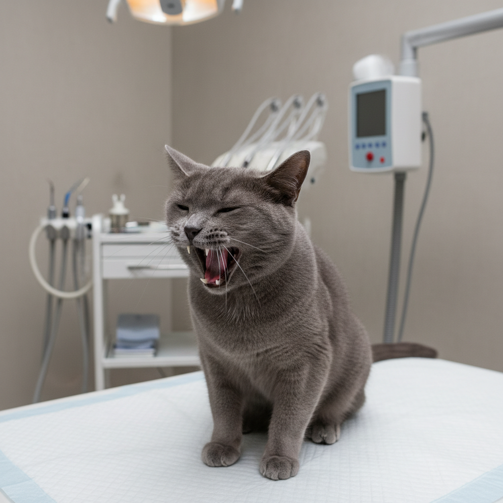A photographic image of a calm gray cat sitting on a soft white examination pad in a veterinary dental room, its body angled slightly to the side while it yawns gently, revealing sharp, clean teeth and pale pink gums. The cat’s short fur appears smooth and well-groomed, with subtle texture highlighted by soft, even LED overhead lighting. Behind the cat, a blurred background reveals a modern dental cart, coiled tubing, and a compact digital X-ray unit, all in neutral white and silver tones. Shot at eye level with the cat centered, the mood is quiet and reassuring, emphasizing feline dental health in a professional, clinical setting.