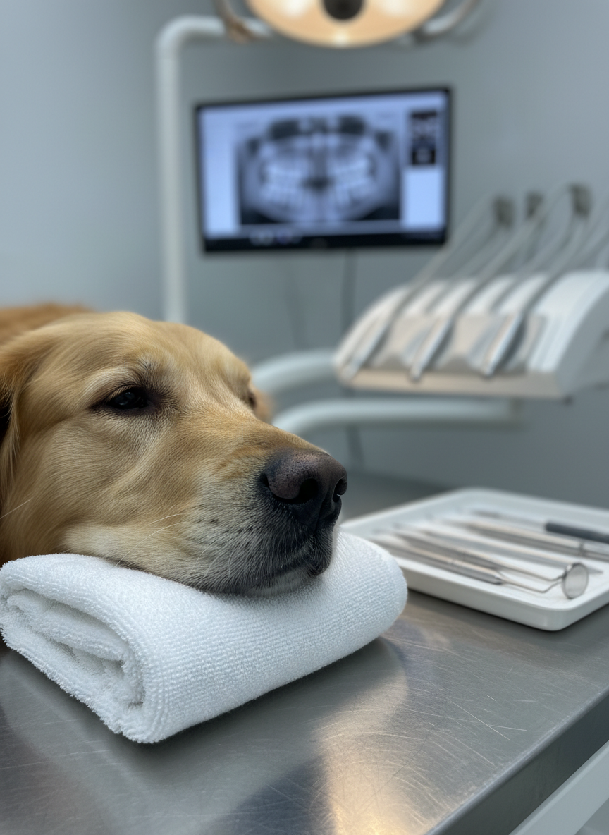 A close-up, photographic image of a relaxed golden retriever lying on a pristine stainless-steel veterinary dental table, its muzzle gently resting on a soft white towel. The dog’s clean, slightly moist nose and visible white teeth are in crisp focus, showing healthy gums and polished enamel. In the background, slightly blurred, a modern dental unit with glossy white surfaces, organized instruments, and a digital monitor displays a dental X-ray. Cool, diffused overhead clinic lighting creates a clean, professional atmosphere with soft reflections on the metal surfaces. Shot at eye level with a shallow depth of field, the composition feels calm, reassuring, and highly professional, ideal for a veterinary dental clinic homepage.