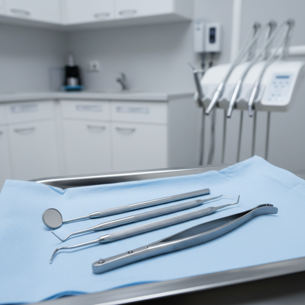 A polished, photographic still life of professional veterinary dental instruments laid out on a folded light blue surgical drape atop a reflective stainless-steel tray. The instruments include a sleek mirror, scaler, probe, and extraction forceps, all with textured metal handles catching subtle highlights. In the soft-focus background, a row of neatly labeled white cabinets and a wall-mounted dental unit suggest a well-organized clinic. Cool, diffused overhead lighting creates fine reflections along the instrument edges without harsh glare. Captured from a slightly elevated angle, the composition uses asymmetrical balance and shallow depth of field to convey precision, cleanliness, and meticulous care in pet dental procedures.