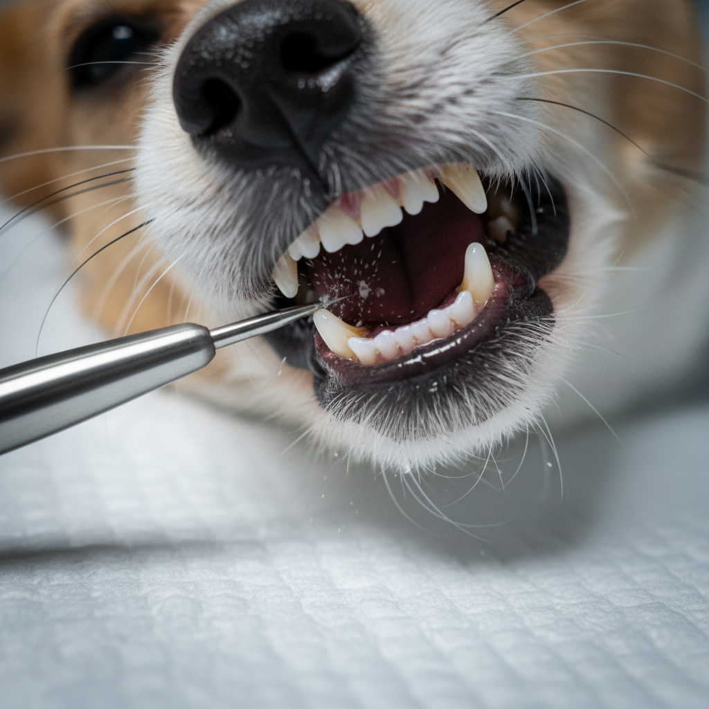A detailed, photographic macro shot of a small dog’s open mouth, focusing on the teeth and gums during a professional dental cleaning. A sleek ultrasonic scaler tip is visible at the molars, gently removing plaque, with a faint mist of water droplets frozen in motion. The dog’s fur and whiskers frame the edges of the image, softly out of focus. The mouth rests on a white disposable dental pad. Bright, focused procedure lighting from above creates clear, clinical illumination inside the mouth, highlighting textures of enamel and gum tissue. Captured at a tight, low angle with extreme close-up detail, the image conveys precision, care, and the technical nature of veterinary dental hygiene.