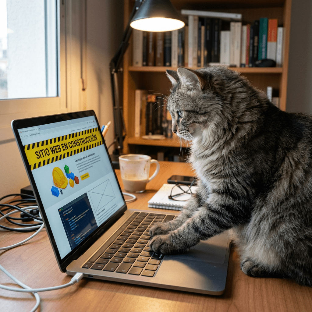 Cat with paws on laptop keyboard looking at a website construction page.
